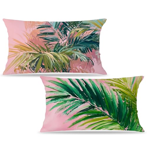 Image of Summer Pink and Green Tropical Palm Leaf Decorative Throw Pillow Cover Decor 20x12,Palm Leaf Botanical Decorative Lumber Beach Plant Throw Pillow Cover for Cabin Couch Double-Sided Set of 2