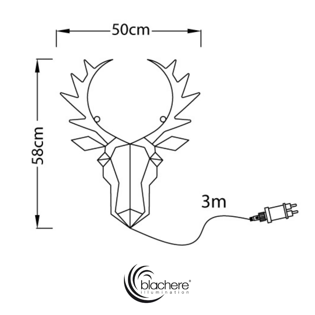 Podświetlana głowa jelenia do zawieszenia, 58 mikro diod LED, ciepła biel, czarna metalowa rama, stałe światło, czarny kabel 3,5 V, do użytku wewnątrz i na zewnątrz, IP44, dekoracja bożonarodzeniowa