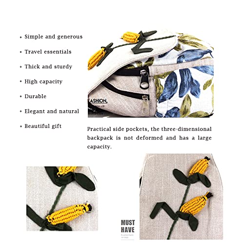 Image of Womens Boho Cotton Hemp Cloth Backpack Boho Vintage Embroidered Casual Purse Handbags Messenger Bag Green Leaf