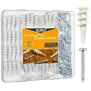 KURUI #8 Self Drilling Drywall Anchors, 100PCs Dry Wall Anchors and Screws for Drywall, 50 Self-Tapping/Threaded Plastic Sheetrock Anchors + 50#8 x 1-1/4” Screws, Heavy Duty 75LB Hanging