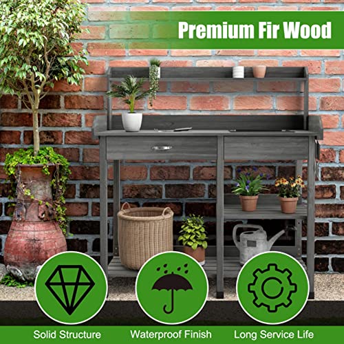 Potting Bench Outdoor Garden Work Bench Station Planting Solid Wood Construction W/Sink Drawer Rack Shelves Natural Wood #TOP2