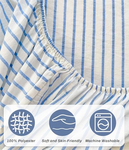 Drap-housse bleu rayé 90x200 polyester résistant décoloration - 4