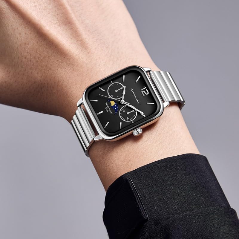 Image of Giordano Classic Square Analog Watch for Men with Moon Phase Display and Stainless Steel Strap - GZ-50117