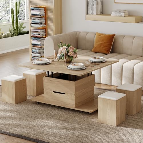 homary Natural Lift Top Coffee Table with Hidden Storage, 3 in 1 Multi-Function Modern Folding Center Table with 4 Stools and Casters