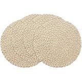 Floroom 15 Inch Round Braided Placemats Set of 4, Washable Heat Resistant Cotton Polyester Circle Boho Place Mats for Kitchen Dining Table - Dunes Khaki