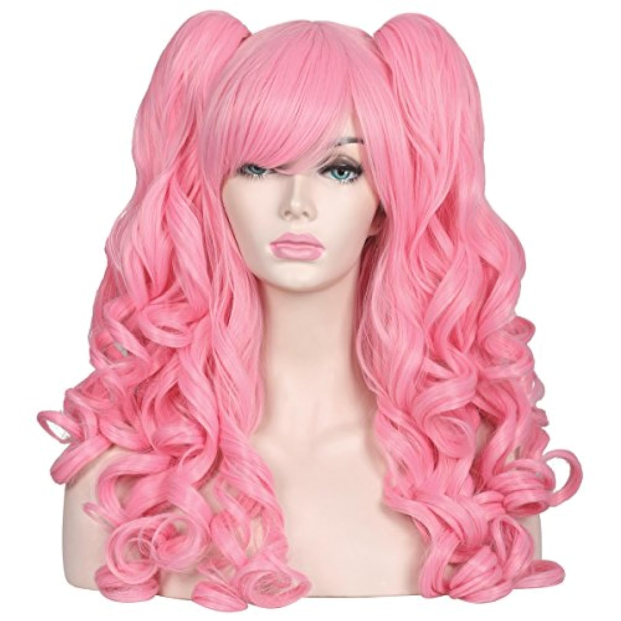 Long Curly Cosplay Wig with 2 Ponytails, Pink