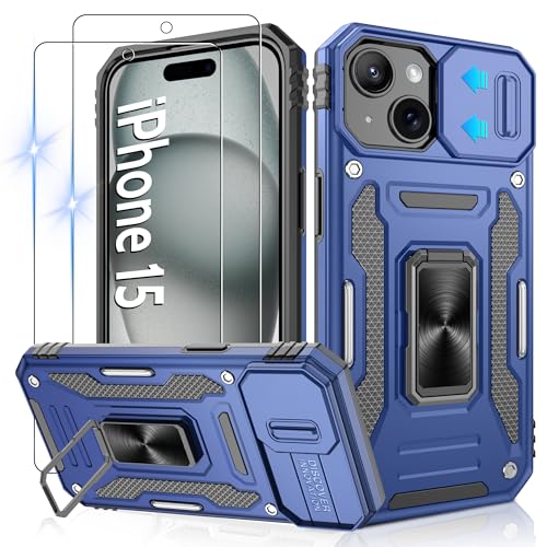 Coque iPhone 15 antichoc avec protège-caméra coulissant béquille 360 et protecteur écran