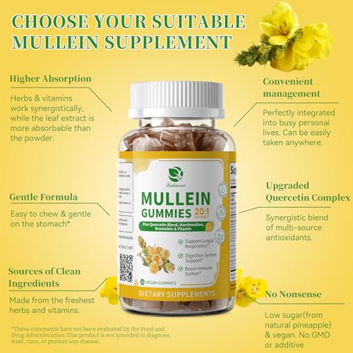 Image of (2 Pack) Mullein Gummies for Lung Cleanse & Lymphatic Drainage* -120 Count | Extra Strength Mullein Leaf Extract w /Quercetin, Elderberry & Marshmallow for Respiratory & Immunity - for Women & Men-Vegan