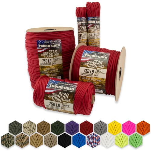 Tough-Grid 750Lb Red Paracord/Parachute Cord - 100% Nylon Mil-Spec Type Iv Paracord Used By The Us Military, Great For Bracelets And Lanyards, 50Ft. - Red #TOP21