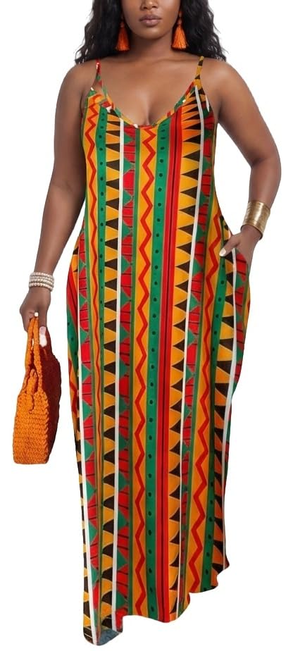 Image of Women's Casual Summer Maxi Dresses Sleeveless Adjustable Spaghetti Strap Loose Plus Size Dresses