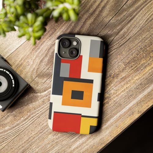 Coque rigide mate iPhone 15 noire à blocs de couleurs géométriques