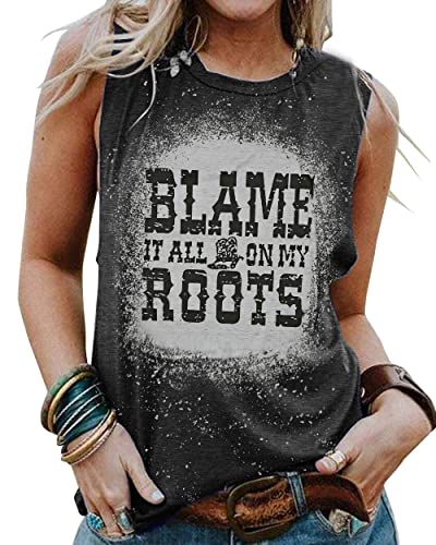 Vintage Country Music Tank Tops Women Blame It All On My Roots Tank Tops Letter Print Graphic Ring Hole Sleeveless V Neck Shirts Black #TOP28