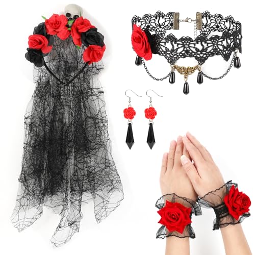 MWOOT Diadema do Dia dos Mortos Halloween rosas com véu gargantilha gótica punhos de boneca de renda rosa brincos pendentes de vidro, acessórios para disfarces para cosplay carnaval festa