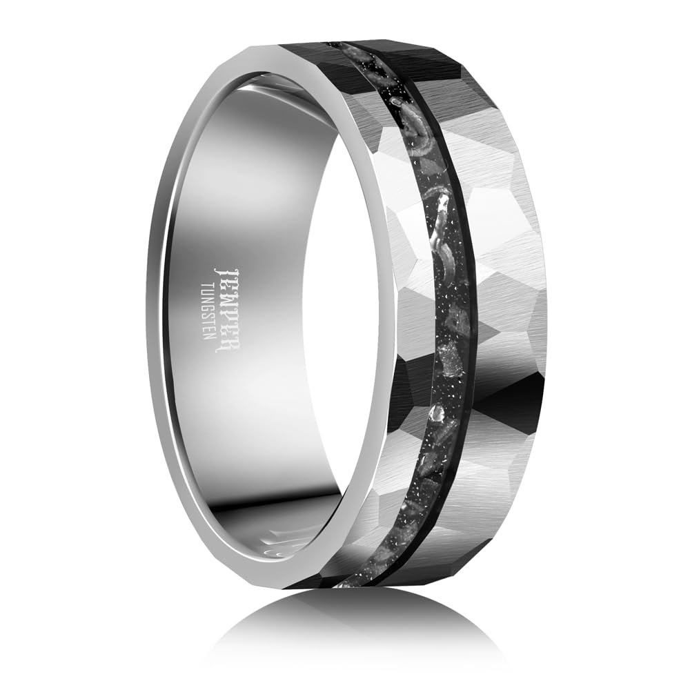 JEWPER Tungsten Rings for Men Womens 8mm Black Fashion Promise Wedding Band Hammered Groove Meteorite Orbo Carbide Beveled Polished Edge Comfort Fit