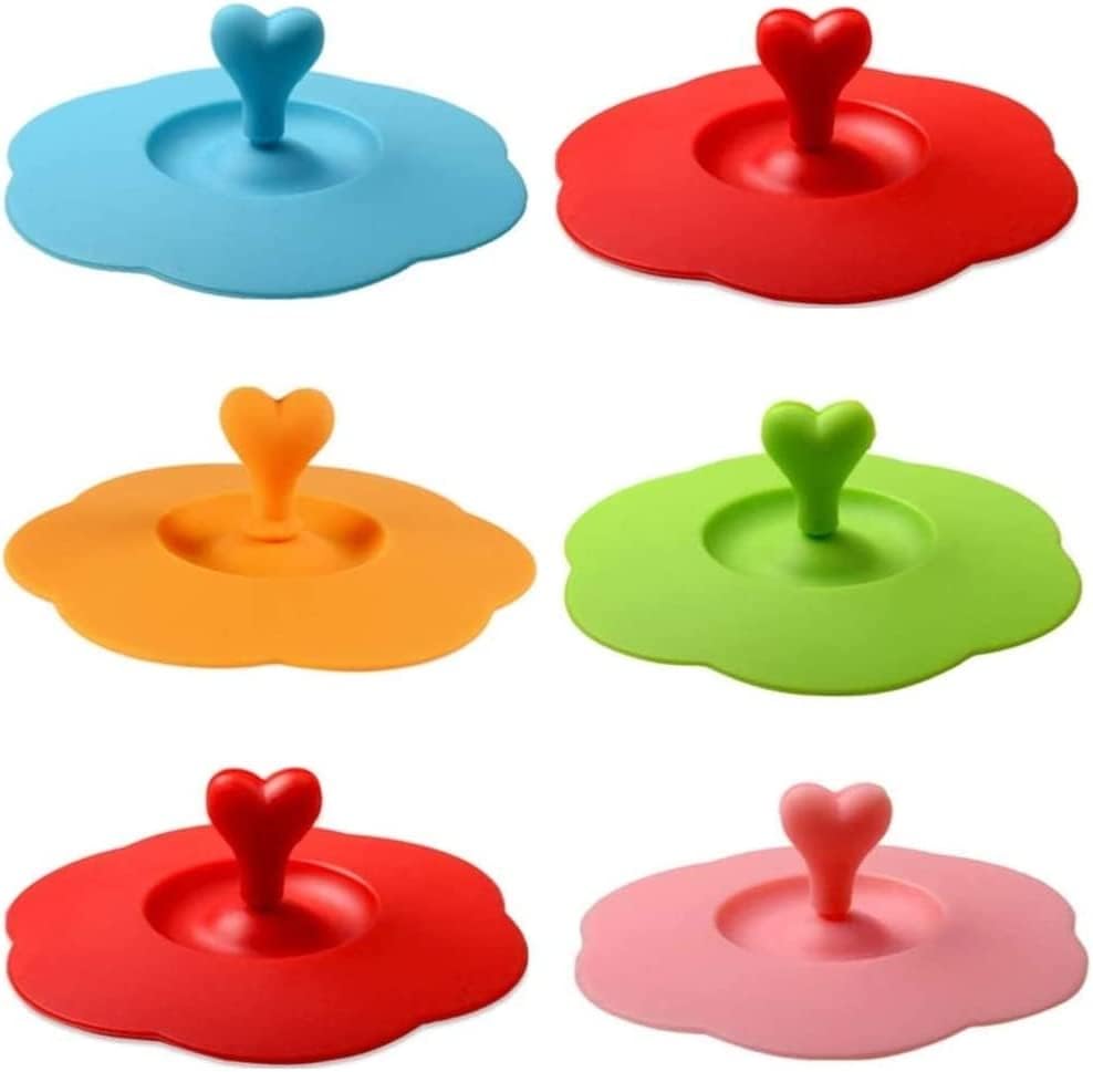 – 6Pcs Love Silicone Glass Cup, Flower Shape Lids Cup Covers, Reusable Anti Dust Cup Covers Coffee Tea Mug Cover for Cups Bowls Mugs Cans Beverage Lid Seal Lid