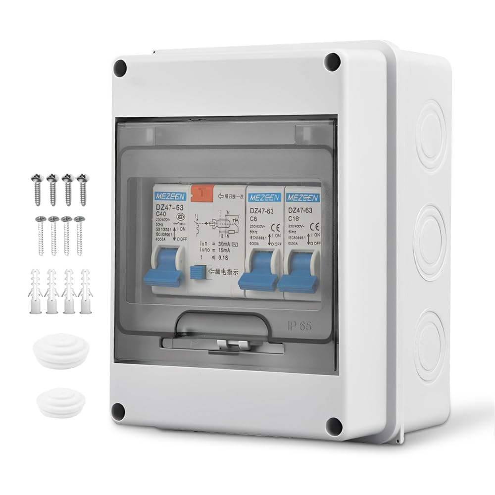 Caja Cuadro Electrico con Magnetotermico 32A, IP65 Impermeable 5 Vías Cuadro Electrico Superficie con Protección Contra Fugas, Cajas Magnetotérmicos con Interruptores Diferenciales