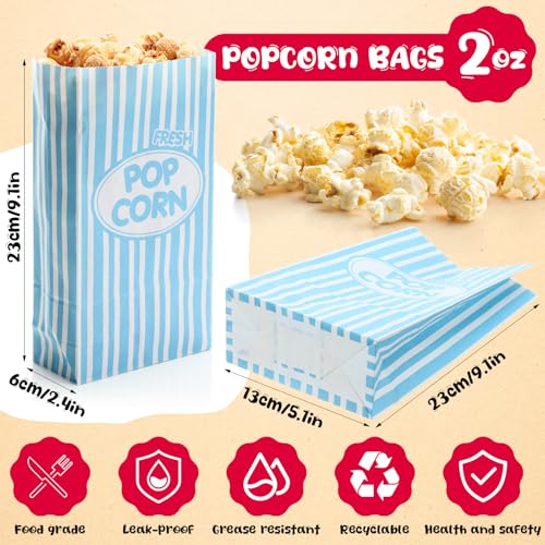 Image of Potchen 300 Pcs Paper Popcorn Bags Bulk 2 oz Large Individual Serving Popcorn Bag Flat Bottom Disposable Container Vintage for Movie Night Themed Summer Back to School Party Carnival (Light Blue)