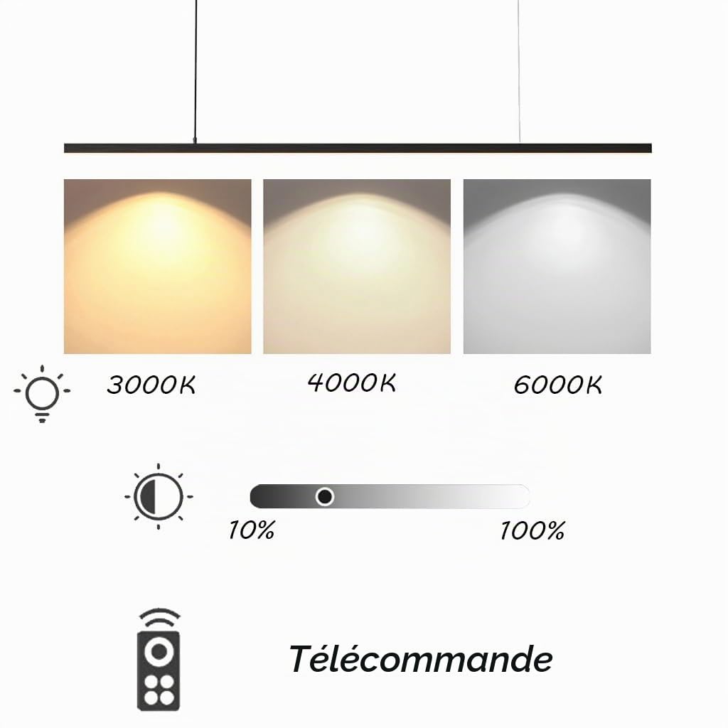 Suspension Luminaire LED Dimmable Moderne Luminaire Suspension Noir Salle À Manger Avec Télécommande Design Linéaire Réglable Lampe À Suspension Pour Îlot De Cuisine Bureau 150cm,64W