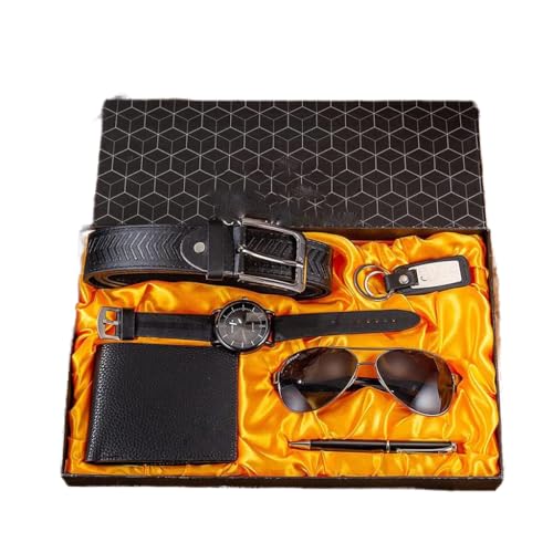 HMTE 6pcs / Set Coffret Cadeau pour Homme Grand Cadran Montre à Quartz Lunettes Ceinture en Cuir Portefeuille Porte-clés Stylo Boutique Coffret Cadeau pour Homme (Couleur: Bleu) (Noir)