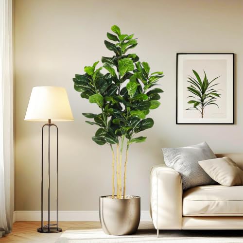 Image of ARICK DECOR 6Ft Artificial Fiddle Leaf Fig Tree in Pot, 180cm Realistic Faux Lush Green Silk Leaf Plant, Peacock Shaped Large Floor Decor for Home, Office & Balcony with Black Pot