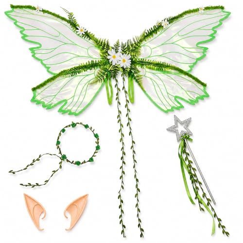 BEFEIEULEAQ Fairy Wings Set - 4 PCS Butterfly Wings with Elf Ears, Flower Crown & Wand - Universal Size Green