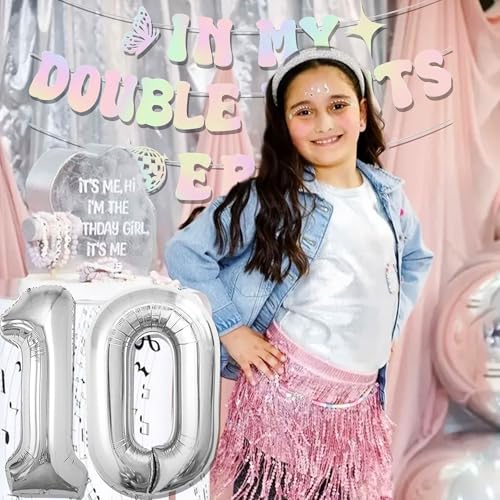 Image of 10th Birthday Decorations In My Double Digits Era Banner Double Digits Birthday Happy 10th Birthday Decorations for Silver Number 10 Balloon Girls Boys Double Digits Party Supplies