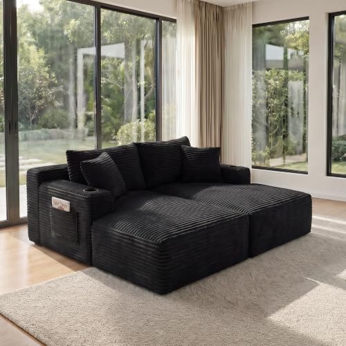 Image of 133 inch Oversized Cloud Boneless Sofa Couch with Chaise, Modern Corduroy U Shaped Modular Sectional Sofa with Deep Seat, Comfy Couch with Cupholders and Storage, No Assembly Required-Black