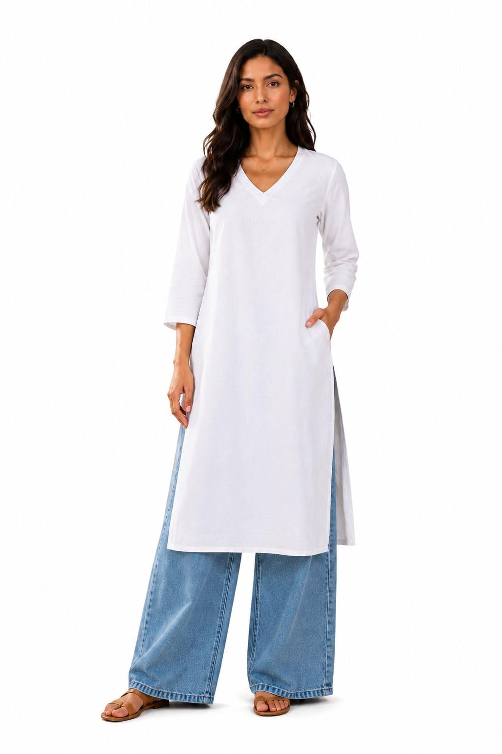 Women's White Cotton Kurta for Summer(S125DD-LONG-KURTA)-image-16