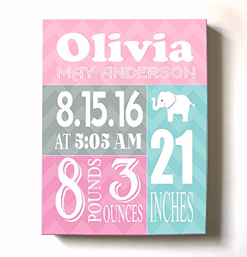 Personalized Stretched Canvas Birth Announcement Gift, Custom Baby Name, Date, Weight Stats, Newborn Elephant Nursery Wall Art Decor, Wooden Frame Construction, Ready to Hang 20X24
