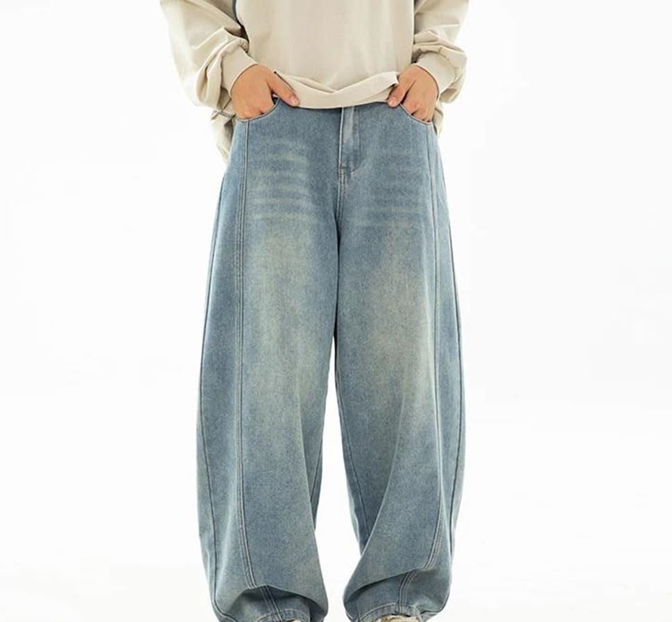Men’S Retro Oversized Jeans Mid Waist Loose Fit Wide Leg Denim Pants with Button2