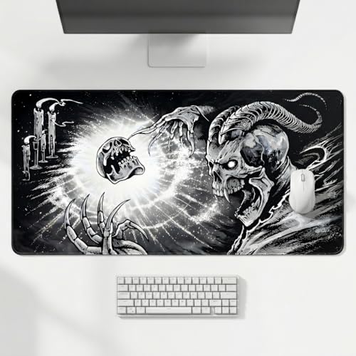 Image of Dark Skull Extended Desk Mat 458 x 915 mm | Premium Desk Mat with Stitched Edges | 3mm Thick Non-Slip Desk Pad for Gaming, Office & Workstation