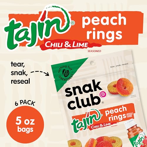 Snak Club Tajin Peach Rings Gummy Candy, Fruit Candy Gummies with Chili and Lime Seasoning, Mild, Gluten-Free and Vegan Snacks, 5 oz Resealable Bags, 6 Pack