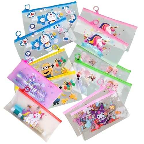 Image of Cartoon Pencil Pouch for Kids (Pack of 12) - Translucent Zipper Stationery Case 24cm X 11.5cm, Waterproof PVC Bag - Birthday Return Gift for Boys and Girls (Assorted)