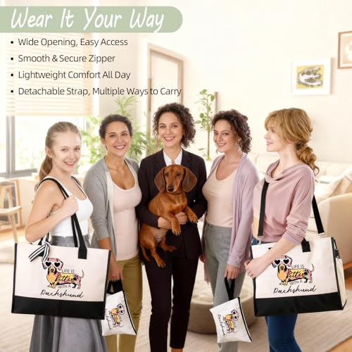 Bolsa Tote de Lienzo con Cierre para Amantes del Perro Salchicha miniatura 3