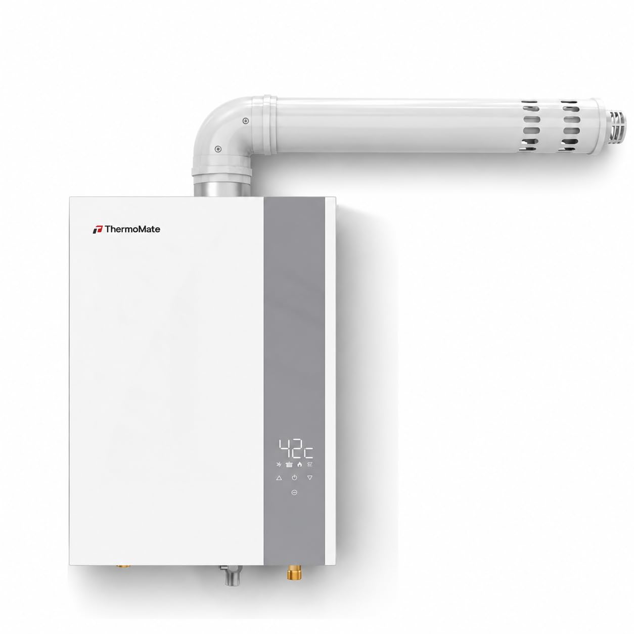 ThermoMate ECO 16L Erdgas-Durchlauferhitzer für Innen + Zuluft-/Abgasrohr-Set 60/100mm – 20mbar, Energieklasse A, niedrige NOx, raumluftunabhängiger Warmwasserbereiter