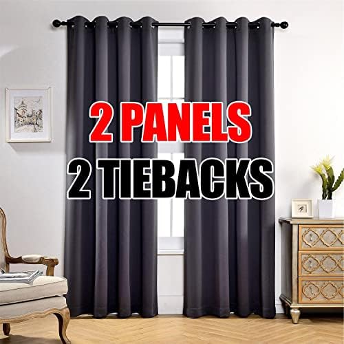 MIUCO 1 Pair Thermal Insulated Grommet 52-Inch-by-84-Inch Blackout Window Curtain Panels with 2 Tie Backs, Dark Grey