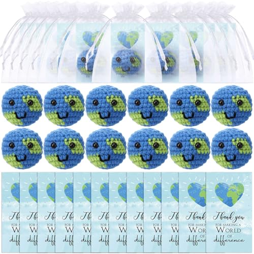 Blueweenly 36 Sets Earth Day Party Favor Bulk Handmade Crochet Globe Balls Mini Knitted Earth Balls Thank You Cards Volunteer Gifts Inspirational Employee Appreciation Gifts for Office Coworker Staff