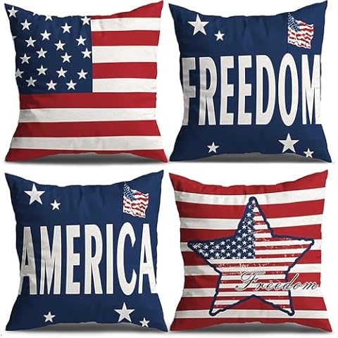 Independence Day Decorations Pillow Covers 18x18 inch Set of 4, 4th of July America Freedom Pillowcase, Stars Flag Cushion Case for Sofa Couch Bed Home Office Outdoor Car. (4th of July 4, 18" x 18") Cover