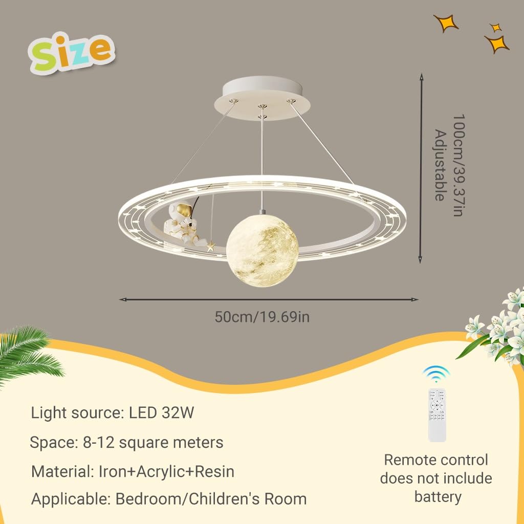 Dziecięcy Pokój Lampa Wisząca Z Ochroną Oczu LED Regulowana Temperatura Koloru Żyrandol Prosty Nowoczesny Styl Kreatywny Astronaut Księżyc Sypialnia Wiszące Światło(White)
