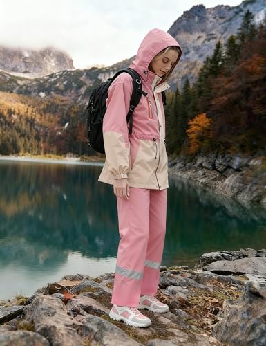 RAINFREEM Rain Suit for Women, Waterproof Rain Jacket & Trouser with Reflective Srtip, Rain Gear for All-Sport Anti-storm, Pink, Large - Image 2