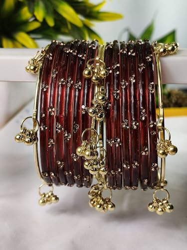 Image of NMII Viral Multi Colour Glass Bangles with Golden Ghungroo Charms & Stone Work For Women & Girls | Fancy Designer Glass Bangle | Traditional Chudi | Kanch Ki Churi | Stylish Ghungroo Bangle For Women