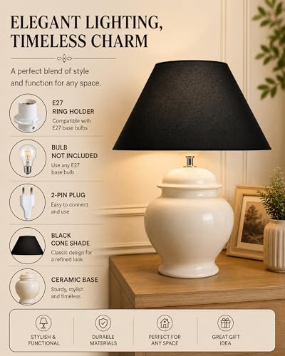 Image of Homesake Ceramic Pot Shaped Base White Table Lamp with Shade, (Black)