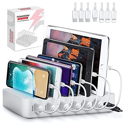 Poweroni USB Charging Station for Multiple Devices Apple Android Compatible - Charging Station Organizer with 7 Cables - Fast Charge Multi Device Phone Charger Station Charging Dock (Silver 6-Port)