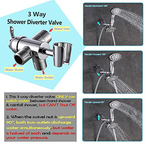 Shower Arm Diverter 3 Way with Handheld Shower Mount Bracket, G1/2 Universal Brass Shower Diverter Valve Bathroom Shower System Replacement for Hand Shower and Fixed Spray Head, Chrome Plated