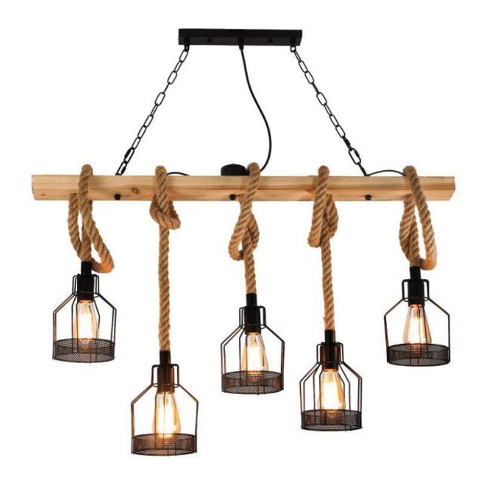 Suspension En Bois Rustique Chanvre Corde Plafond Pendentif Lumière Industriel Suspendu Lumière Rétro Métal Fer Cage Lampe Lustre Pour Cuisine Salon Salle À Manger Restaurant Décoration E27*5