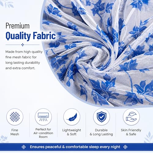 Image of Mosquito Net for King Size Bed & Double Bed, 6x7 Ft, Wall Hanging Machhardani, No Frame Required, Floral Vine Pattern, Premium Poly-Cotton Fabric, Soft Mesh Ideal for AC Rooms (Sapphire Blue Vine)