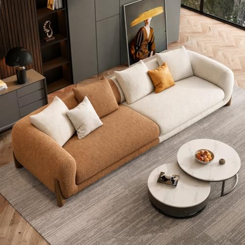 Image of Modern Sofa, Teddy Fabric, Chesterfield Style, Wooden Legs, for Living Room, Bedroom, Hallways (Rust Brown+Off White Combo, 3 Seater)