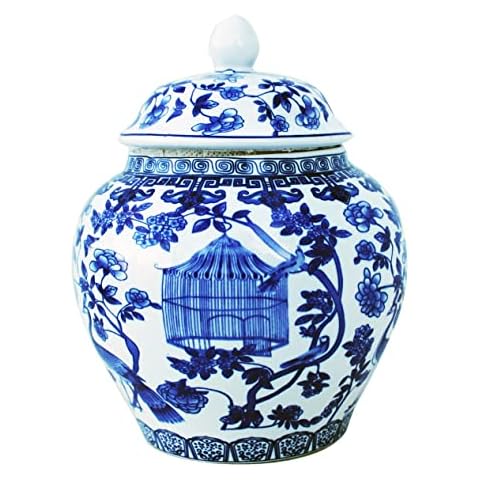 Blue and White Porcelain Decorative Temple Helmet Jar (Peacock with cage) Cover