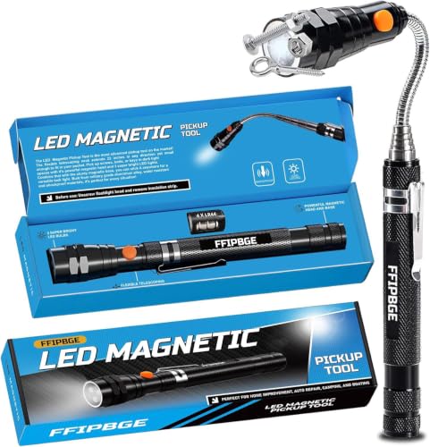 FFIPBGE Telescoping Magnet Pickup Tool with 3 LED Magnetic Flashlight, Cool Gadget Birthday Gifts for Men, Women, Husband, Dad, Adult, Boyfriend, Mens Gifts from Daughter, Wife, Black
