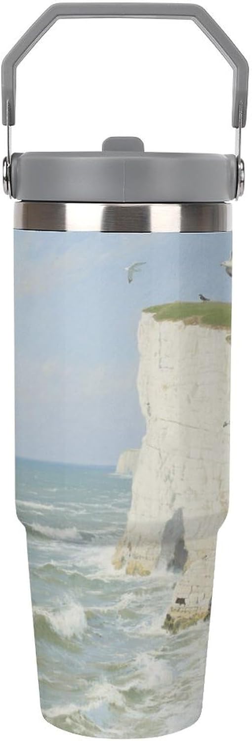 30 Oz Insulated Mug with Handle Lid And Straw Chalk Coast Pattern Large Metal Sports Bottle Great for Gifts Parties Office Coffee